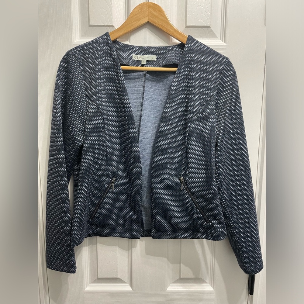Cleo Women’s Open Front Blazer Jacket Collarless Blue Pockets Petite Medium